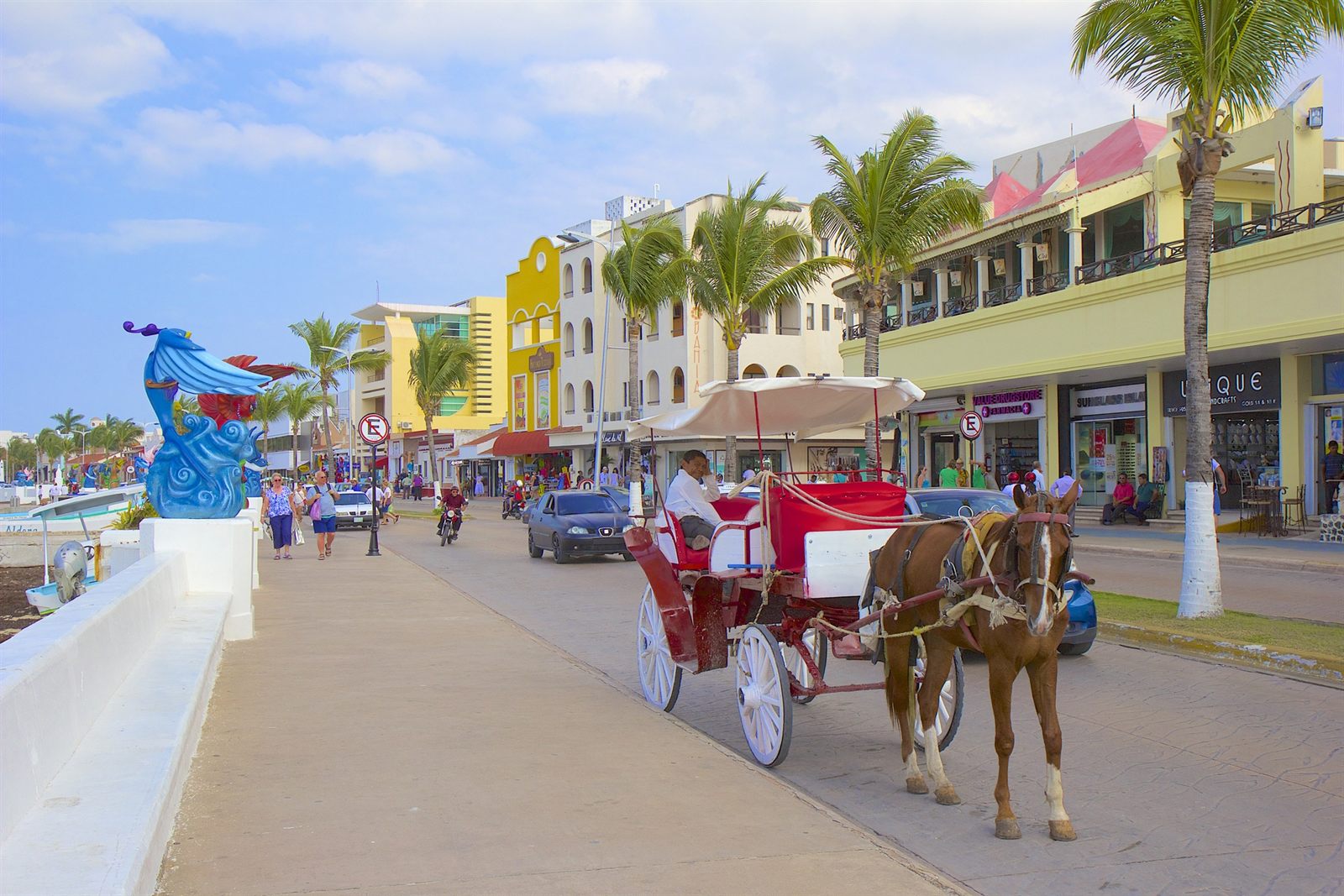Seafront promenade in San Miguel de Cozumel with a horse-drawn carriage and palm trees
